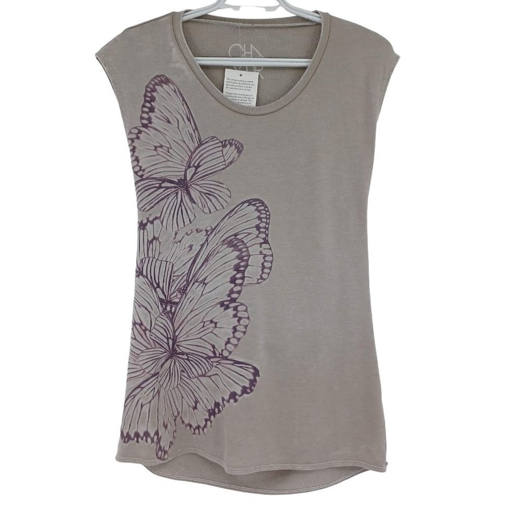 Chaser Butterfly Print Cutout Back Top Gray Women's S NEW Round Neck Lightweight